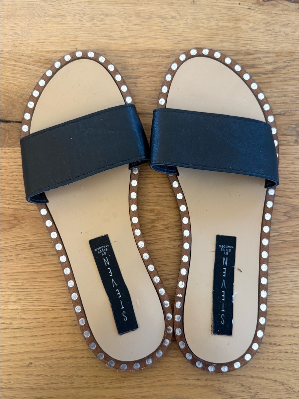 Steven By Steve Madden Black Slide Sandals with Silver Studded Trim